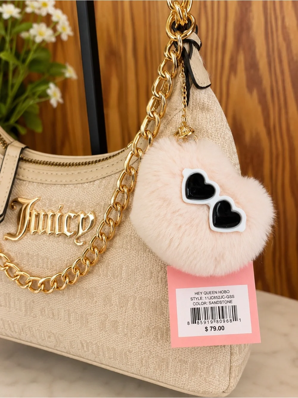 Juicy Couture Hey Queen Hobo Bag Sandstone Gold Chain Purse wristlet